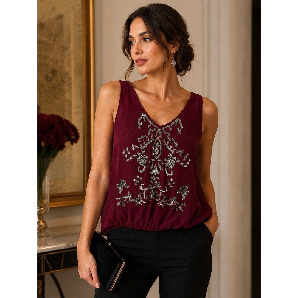 Hazel Women’s Small Sleeveless Beaded Chiffon Top Burgundy Sequin Embellished